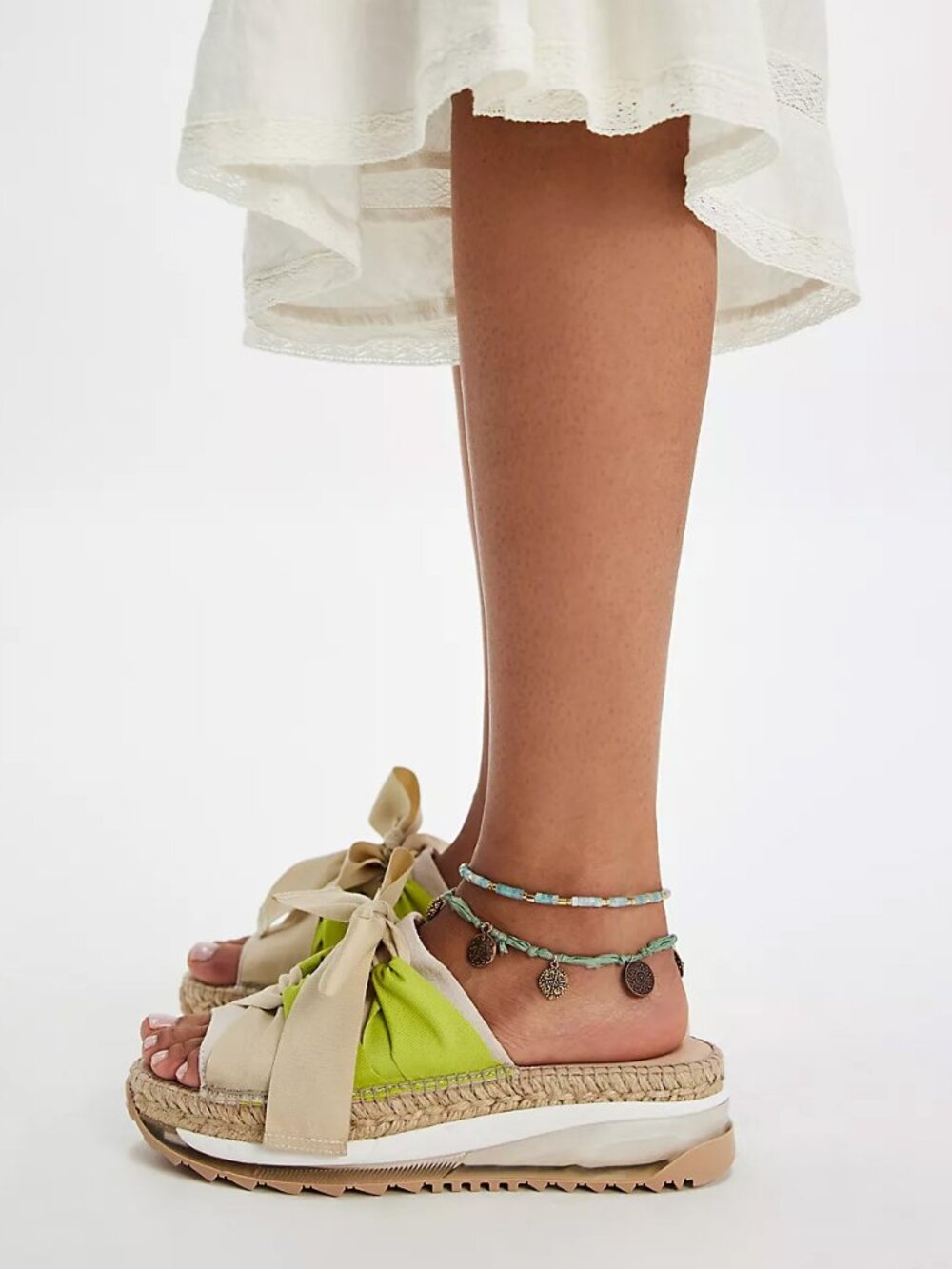 Free People Lime Green & Cream Espadrille Platform Slide Sandals